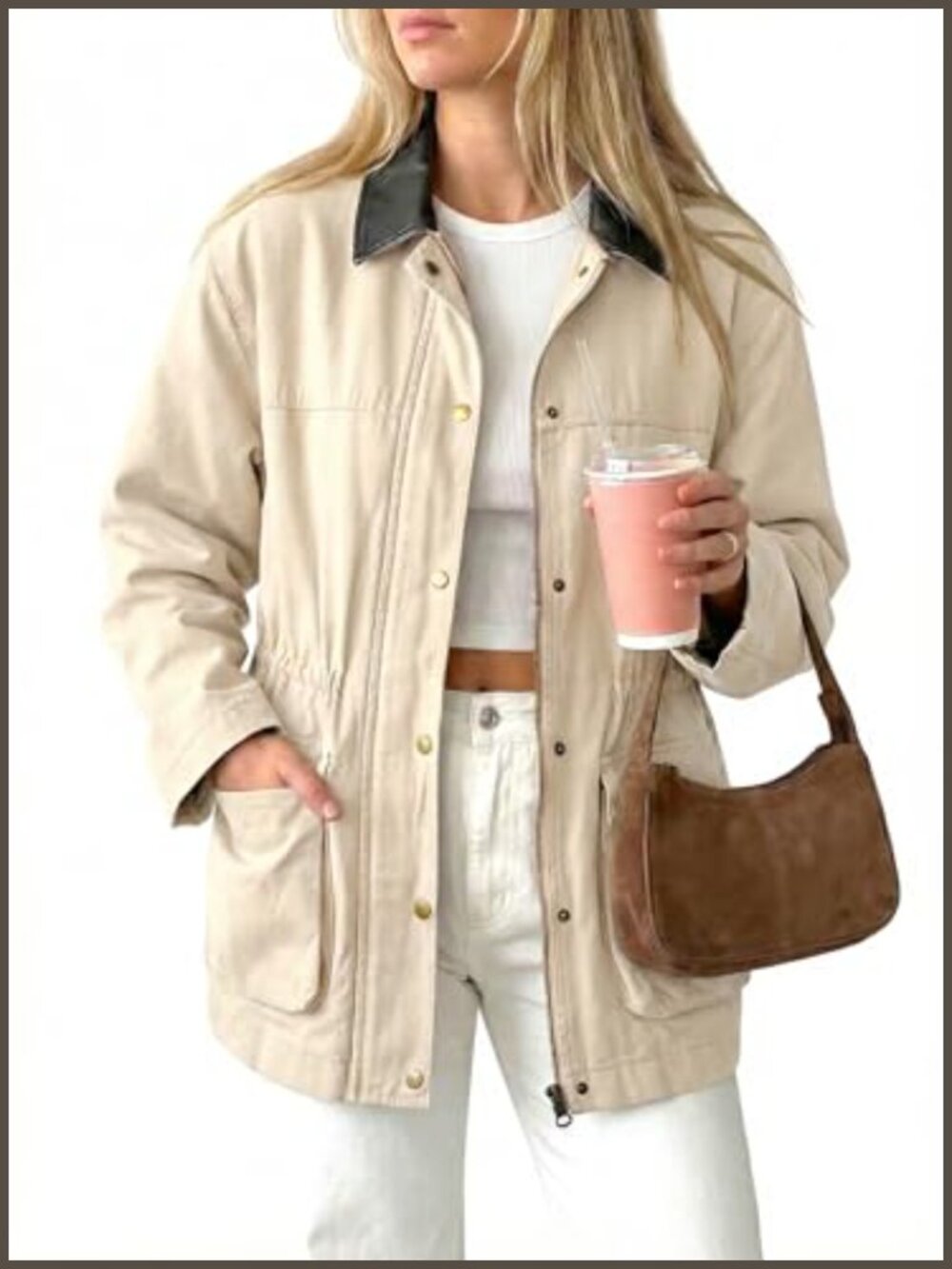 100% Cotton Barn Utility Jacket Contrast Collar Drawstring Waist Zip Snap Coat